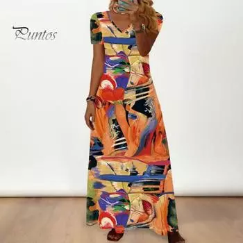 Летнее женское платье с красочным принтом и V-образным вырезом, свободное трапециевидное платье с короткими рукавами, пуловер до щиколотки, этнический стиль, пляжный отдых, повседневное платье макси M вино красного