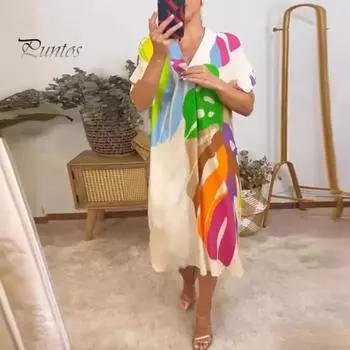 Летнее женское платье с красочным принтом, v-образным вырезом и короткими рукавами, свободный пуловер в богемном стиле, повседневное пляжное платье миди для отдыха L белый