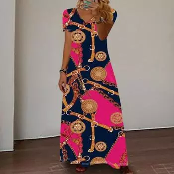 Летнее женское платье с красочным принтом и V-образным вырезом, свободное трапециевидное платье с короткими рукавами, пуловер до щиколотки, этнический стиль, пляжный отдых, повседневное платье макси M вино красного