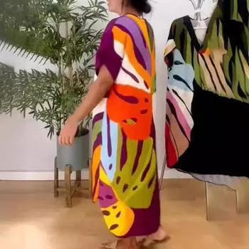 Летнее женское платье с красочным принтом, v-образным вырезом и короткими рукавами, свободный пуловер в богемном стиле, повседневное пляжное платье миди для отдыха L белый