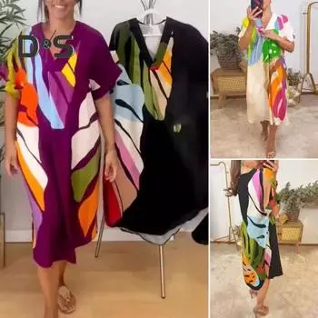 Летнее женское платье с красочным принтом, v-образным вырезом и короткими рукавами, свободный пуловер в богемном стиле, повседневное пляжное платье миди для отдыха L белый