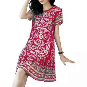 Летнее женское платье с круглым вырезом и половиной рукавов в стиле ретро с принтом трапециевидной формы с большим подолом до колена, свободное повседневное L красный