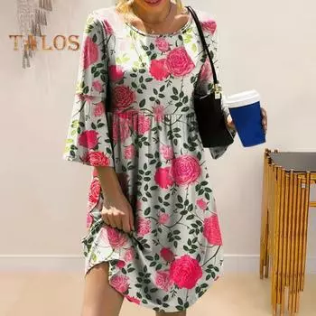 Летнее женское платье с круглым вырезом и рукавами три четверти с цветочным принтом, сочетающееся по цвету, плиссированное трапециевидной формы, свободный подол, длиной до колена, мягкая дышащая повседневная пляжная миди 2XL темно-зеленого