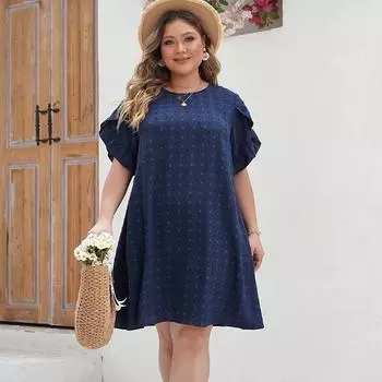Летнее женское платье с круглым вырезом и короткими рукавами. Темпераментное элегантное модное вечернее платье. Свободное платье больших размеров. Темно-синее платье. Одежда для повседневного использования. XL синий