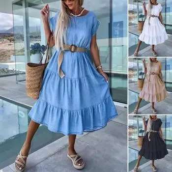 Летнее женское платье с круглым вырезом и короткими рукавами А-силуэта, плиссированное, со свободным подолом, в стиле пэчворк, сплошной цвет, длиной до середины икры, повседневное пляжное платье миди для свиданий 3XL белый