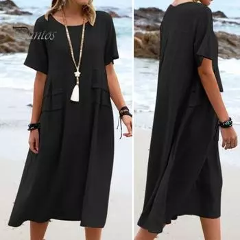 Летнее женское платье с круглым вырезом и короткими рукавами до середины икры, сплошной цвет, тонкий свободный пуловер трапециевидной формы, повседневное повседневное школьное платье миди M синий