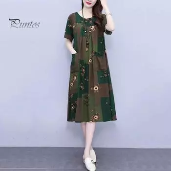 Летнее женское платье с круглым вырезом и карманами с цветочным принтом, свободное трапециевидное платье длиной до колена с короткими рукавами, плиссированное платье миди для поездок на работу и отдыха 2XL синий