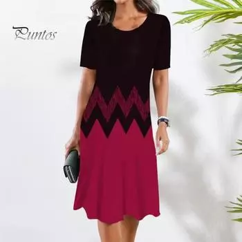 Летнее женское платье с круглым вырезом в этническом стиле с принтом подходящего цвета с короткими рукавами Свободное трапециевидное пуловер длиной до колена Повседневное платье-миди для поездок на работу S синий