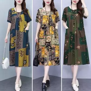 Летнее женское платье с круглым вырезом и карманами с цветочным принтом, свободное трапециевидное платье длиной до колена с короткими рукавами, плиссированное платье миди для поездок на работу и отдыха 2XL синий