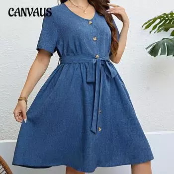 Летнее женское платье с круглым вырезом, большие размеры, платья с завязкой на талии 1XL синий