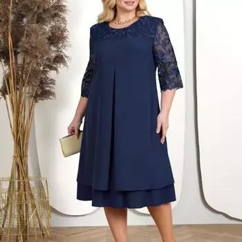 Летнее женское платье с круглым вырезом, свободное облегающее платье с рукавами четверть и вышивкой в стиле пэчворк с цветочным принтом, банкетное платье для женщин 4XL темно-синий