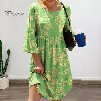 Летнее женское платье с круглым вырезом и рукавами три четверти с цветочным принтом, сочетающееся по цвету, плиссированное трапециевидной формы, свободный подол, длиной до колена, мягкая дышащая повседневная пляжная миди 2XL темно-зеленого