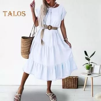 Летнее женское платье с круглым вырезом и короткими рукавами А-силуэта, плиссированное, со свободным подолом, в стиле пэчворк, сплошной цвет, длиной до середины икры, повседневное пляжное платье миди для свиданий 3XL белый