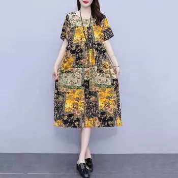 Летнее женское платье с круглым вырезом и карманами с цветочным принтом, свободное трапециевидной формы длиной до колена с короткими рукавами 2XL синий