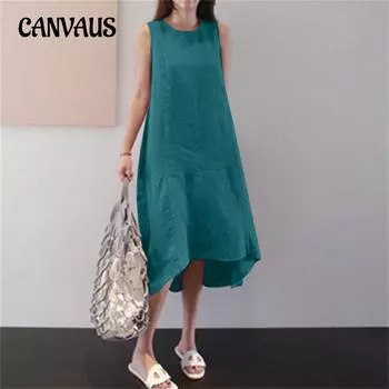 Летнее женское платье с круглым вырезом, длинным рукавом, больших размеров, свободное однотонное длинное длинное платье, большой жилет, хлопково-льняные платья S жёлтый