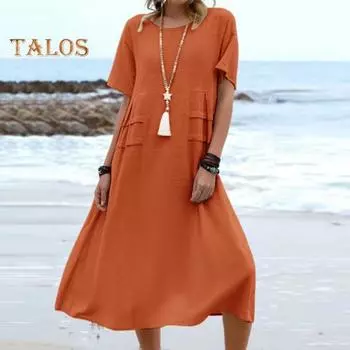 Летнее женское платье с круглым вырезом и короткими рукавами до середины икры, сплошной цвет, тонкий свободный пуловер трапециевидной формы, повседневное повседневное школьное платье миди M синий