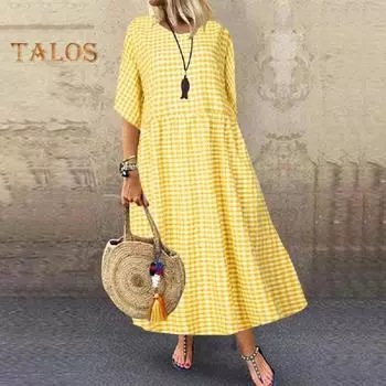 Летнее женское платье с круглым вырезом и клетчатым принтом трапециевидной формы с большим подолом и короткими рукавами, плиссированный свободный пуловер, платье макси для свиданий, повседневное длинное платье L красный