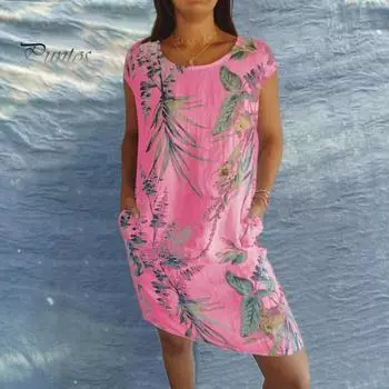 Летнее женское платье с круглым вырезом в стиле ретро с цветочным принтом и боковыми карманами, свободное платье длиной выше колена, свободный пуловер, повседневное мини-платье для покупок, пляжное короткое платье S жёлтый