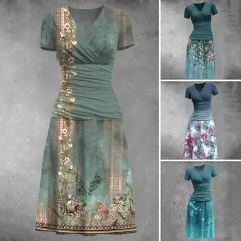 Летнее женское платье с круглым вырезом, короткими рукавами и V-образным вырезом, плиссированное, с узкой талией, тонкое лоскутное платье Vinatge с 3D цветочным принтом, трапециевидное платье трапециевидной формы для поездок на работу, Dialy Midi Dress XL