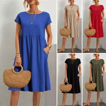 Летнее женское платье с круглым вырезом А-силуэта, плиссированные с короткими рукавами, чистый цвет, длиной до колена, свободный подол, боковые карманы, повседневное повседневное пляжное мини-платье для отпуска M армия зеленый