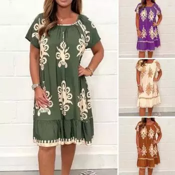 Летнее женское платье с круглым вырезом, плиссированное, с этническим винтажным принтом, свободное с короткими рукавами, свободное трапециевидное платье длиной до колена, повседневное повседневное платье миди L
