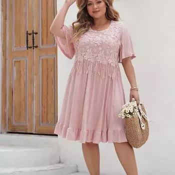 Летнее женское платье с круглым вырезом и коротким рукавом. Темпераментная элегантность. Модное вечернее однотонное платье. Свободное платье большого размера с бахромой. XL розовый