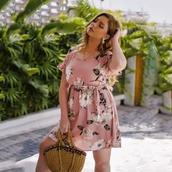 Летнее женское платье с круглым вырезом и коротким рукавом с цветочным принтом, тонкое удобное дышащее платье с высокой талией, повседневное модное пляжное платье больших размеров XL розовый