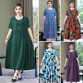 Летнее женское платье с круглым вырезом А-силуэта, сплошной цвет, большие размеры, плиссированное лоскутное платье со свободным подолом, короткими рукавами, длиной до середины икры, повседневное повседневное платье миди L