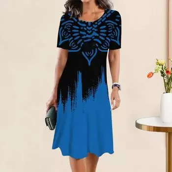 Летнее женское платье с круглым вырезом в этническом стиле с принтом подходящего цвета с короткими рукавами Свободное трапециевидное пуловер длиной до колена Повседневное платье-миди для поездок на работу S синий