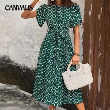 Летнее женское платье с круглым вырезом, темпераментные элегантные платья с цветочным принтом S мох зеленого