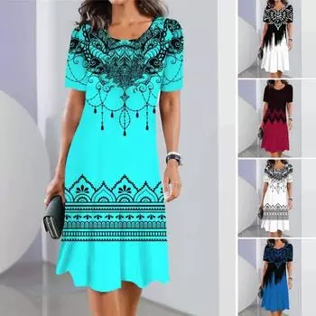 Летнее женское платье с круглым вырезом в этническом стиле с принтом подходящего цвета с короткими рукавами Свободное трапециевидное пуловер длиной до колена Повседневное платье-миди для поездок на работу S синий
