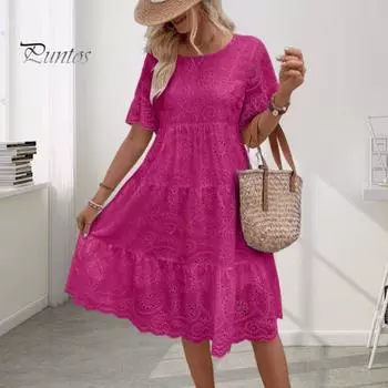 Летнее женское платье с круглым вырезом и короткими рукавами с рогами А-силуэта, плиссированное лоскутное платье, сплошной цвет, большие качели, вышивка, отпуск, пляжное платье миди L белый