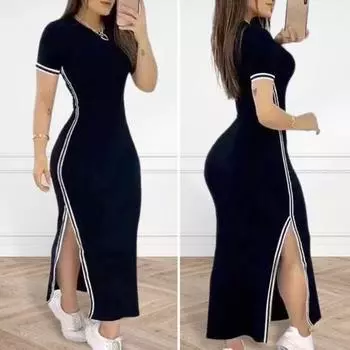 Летнее женское платье с круглым вырезом и боковым разрезом, облегающее однотонное однотонное платье с короткими рукавами в полоску, узкое до щиколотки, повседневное платье макси для поездок на работу L чёрный