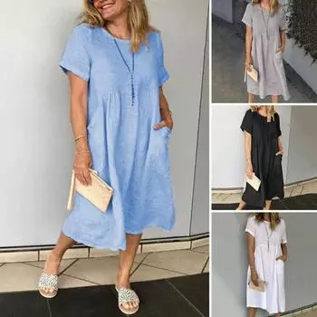 Летнее женское платье с круглым вырезом и короткими рукавами до колена, сплошной цвет, тонкое свободное, размера плюс, трапециевидной формы 3XL зелёный