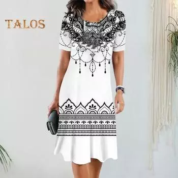 Летнее женское платье с круглым вырезом в этническом стиле с принтом подходящего цвета с короткими рукавами Свободное трапециевидное пуловер длиной до колена Повседневное платье-миди для поездок на работу S синий