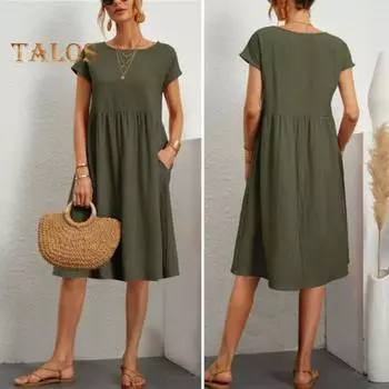 Летнее женское платье с круглым вырезом А-силуэта, плиссированные с короткими рукавами, чистый цвет, длиной до колена, свободный подол, боковые карманы, повседневное повседневное пляжное мини-платье для отпуска S вино красного