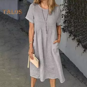 Летнее женское платье с круглым вырезом и короткими рукавами длиной до колена, однотонное, тонкое, свободное, больших размеров, повседневное трапециевидное повседневное школьное платье миди 3XL трава зеленый