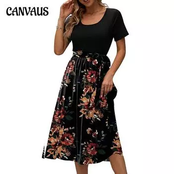 Летнее женское платье с круглым вырезом и шнуровкой с принтом и короткими рукавами, повседневные платья