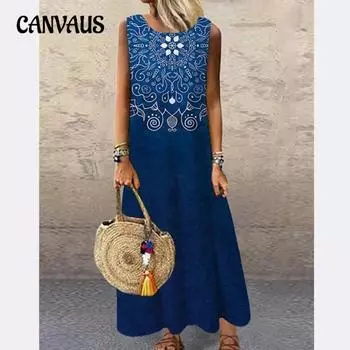 Летнее женское платье с круглым вырезом без рукавов, свободное платье с принтом, длинное платье S