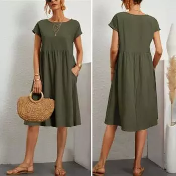 Летнее женское платье с круглым вырезом и плиссировкой с коротким рукавом, однотонное, до колена, свободное S вино красного