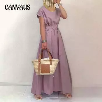 Летнее женское платье с круглым вырезом, однотонные платья, длинное платье большого размера с поясом и поясом большого размера