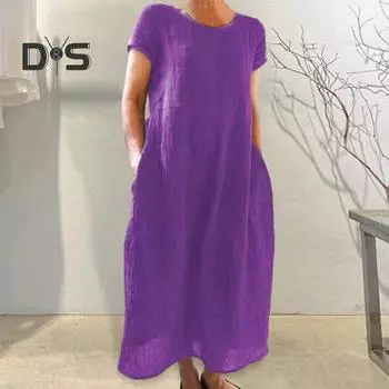 Летнее женское платье с круглым вырезом, винтажное, с короткими рукавами, однотонное, трапециевидное, со свободным подолом и боковыми карманами, повседневное, повседневное, платье макси 2XL фиолетовый