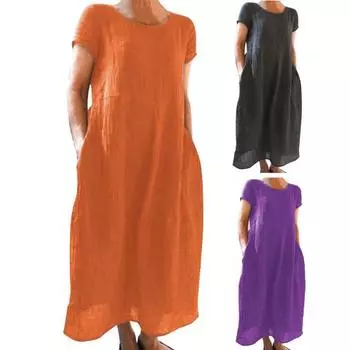Летнее женское платье с круглым вырезом, винтажное платье с короткими рукавами, однотонное трапециевидное платье со свободным подолом и боковыми карманами, повседневное платье макси 2XL фиолетовый
