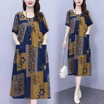 Летнее женское платье с круглым вырезом и карманами с цветочным принтом, свободное трапециевидное платье длиной до колена с короткими рукавами, плиссированное платье миди для поездок на работу и отдыха XXL синий