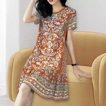 Летнее женское платье с круглым вырезом и половиной рукавов, ретро-принт, трапециевидной формы, большой подол, до колена, свободное L красный