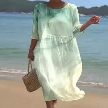 Летнее женское платье с круглым вырезом и цветочным принтом, свободное трапециевидное платье с длинными рукавами, тонкий пуловер, повседневная одежда, пляжное платье миди для отпуска XL синий