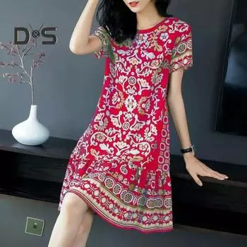Летнее женское платье с круглым вырезом и половиной рукавов в стиле ретро с принтом трапециевидной формы с большим подолом длиной до колена, свободное повседневное повседневное платье миди для отдыха L красный