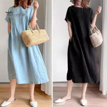 Летнее женское платье с круглым вырезом и короткими рукавами, однотонное трапециевидное платье с большим подолом, свободный пуловер, повседневная одежда, платье миди, длинное платье для свиданий и поездок на работу XL оранжевый