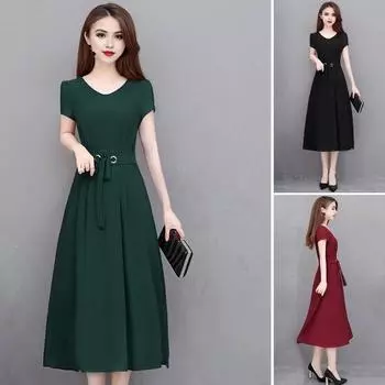 Летнее женское платье с круглым вырезом и короткими рукавами, тонкая талия, большие размеры, чистый цвет, облегающее платье длиной до середины икры, OL, повседневное платье миди L зелёный