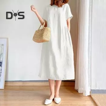 Летнее женское платье с круглым вырезом и короткими рукавами, однотонное трапециевидное платье с большим подолом, свободный пуловер, повседневная одежда, платье миди, длинное платье для свиданий и поездок на работу XL оранжевый